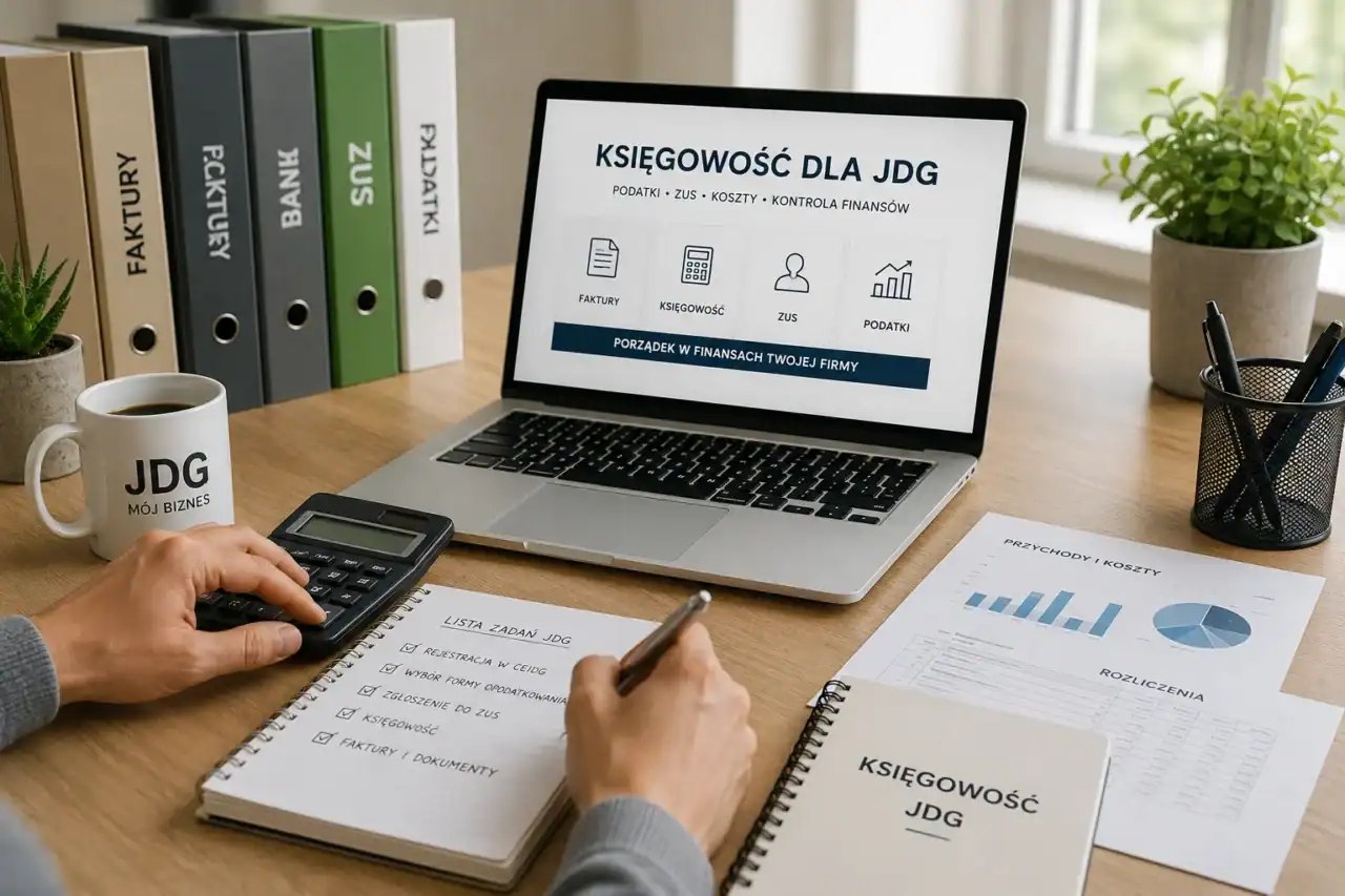 Jak założyć JDG krok po kroku w 2026? Porodnik i podatki 2 Księgowość online dla JDG – laptop, dokumenty i kalkulator na biurku przedsiębiorcy